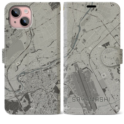 【狭山市（埼玉県）】地図柄iPhoneケース（手帳タイプ）モノトーン・iPhone 15 Plus 用