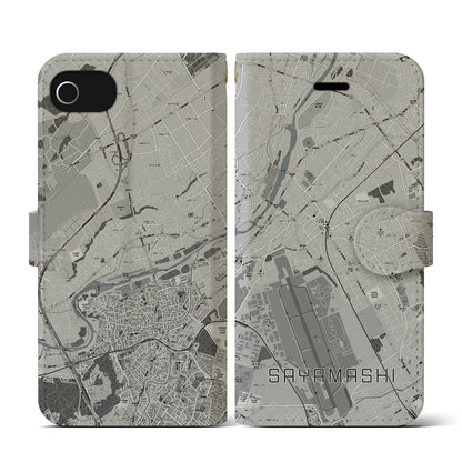 【狭山市（埼玉県）】地図柄iPhoneケース（手帳タイプ）モノトーン・iPhone SE（第3 / 第2世代） / 8 / 7 / 6s / 6 用
