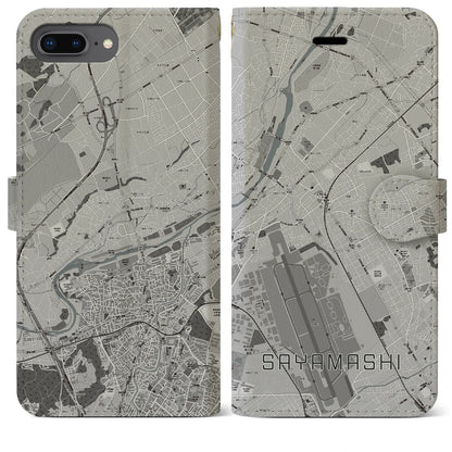 【狭山市（埼玉県）】地図柄iPhoneケース（手帳タイプ）モノトーン・iPhone 8Plus /7Plus / 6sPlus / 6Plus 用