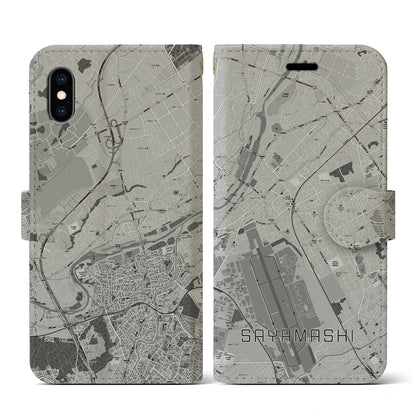 【狭山市（埼玉県）】地図柄iPhoneケース（手帳タイプ）モノトーン・iPhone XS / X 用