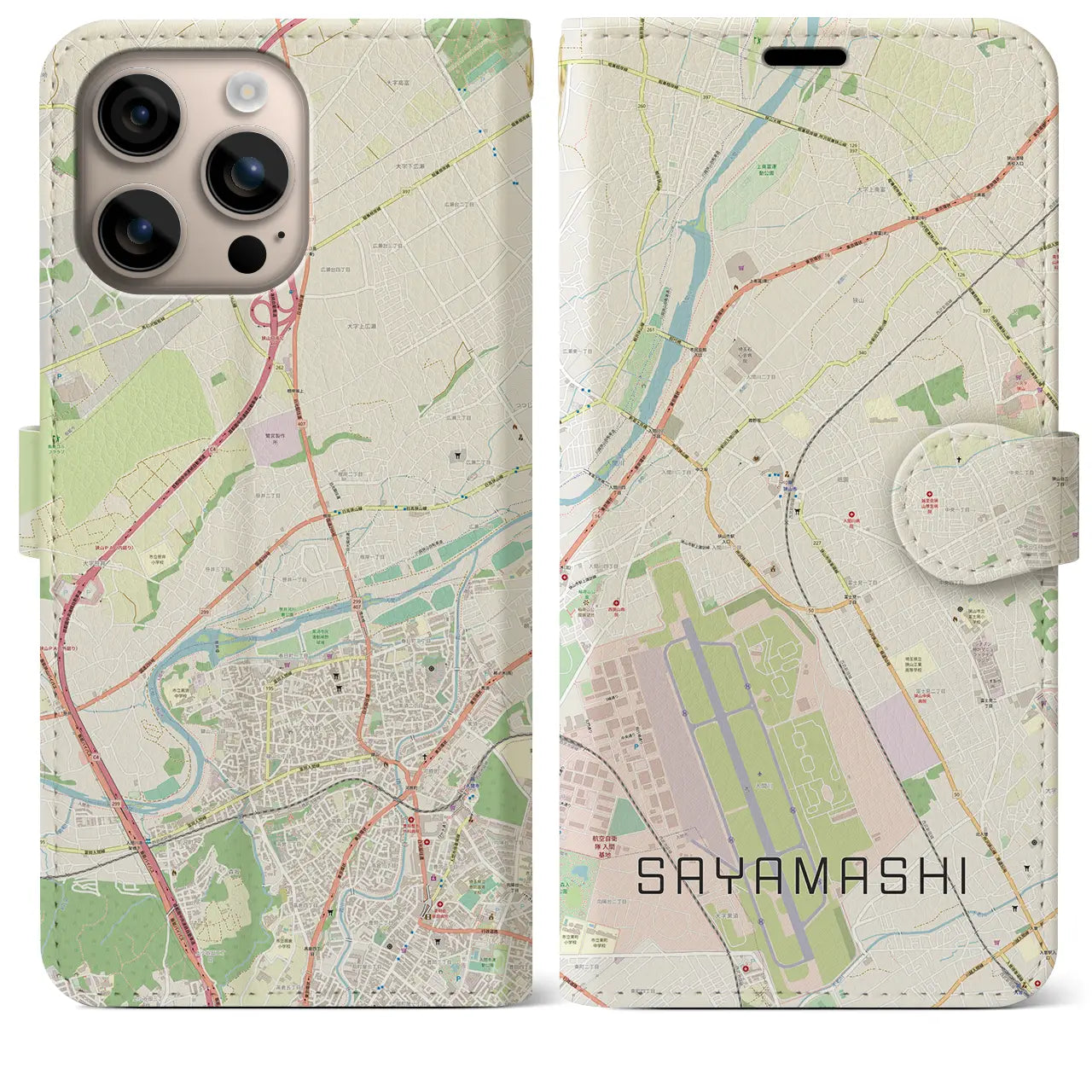 【狭山市（埼玉県）】地図柄iPhoneケース（手帳タイプ）ナチュラル・iPhone 16 Plus 用