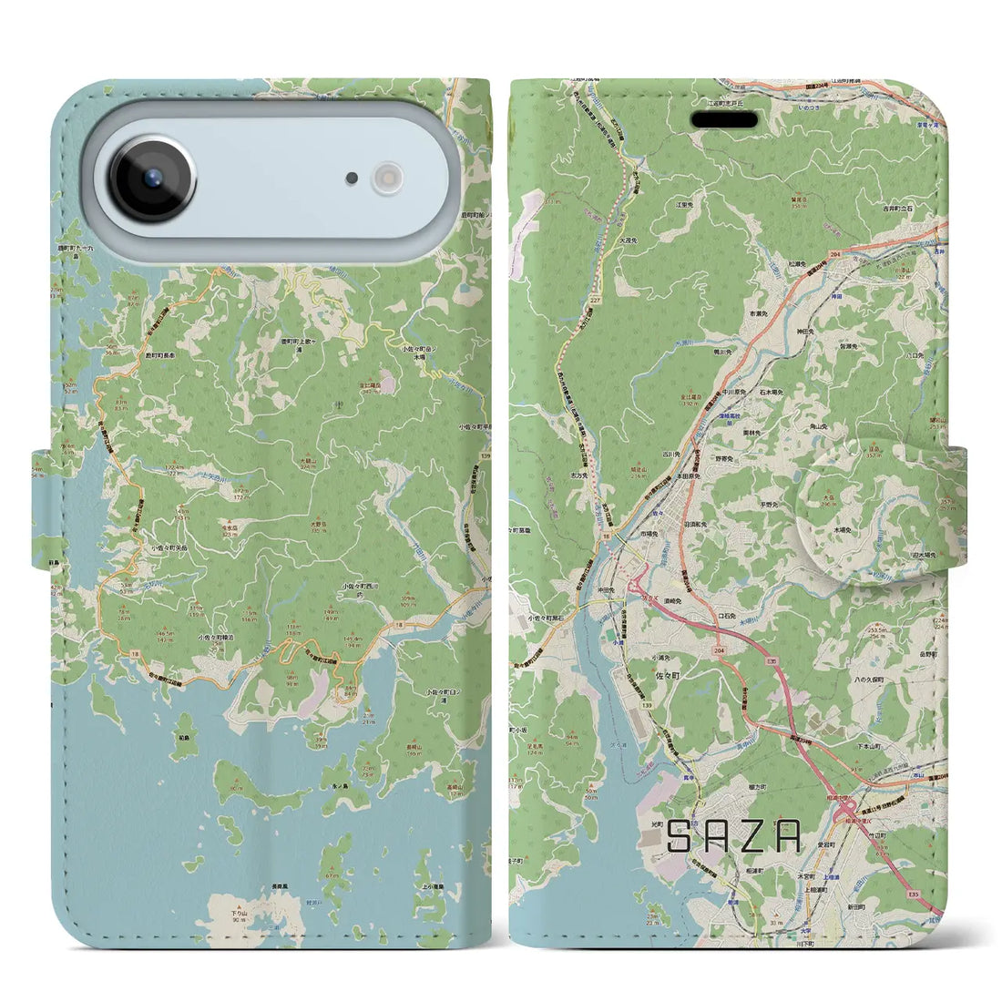 【佐々(長崎県)】地図柄iPhoneケース(手帳タイプ)モノトーン・iPhone 17 Pro Max 用