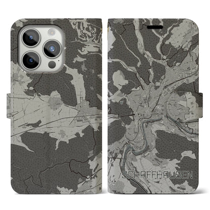 【シャフハウゼン（スイス）】地図柄iPhoneケース（手帳タイプ）モノトーン・iPhone 15 Pro 用