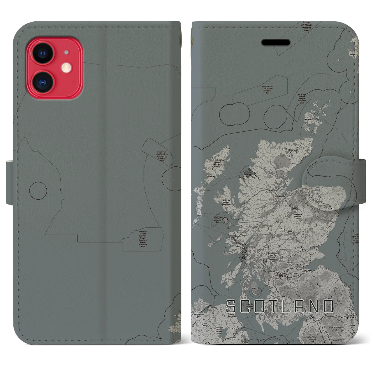 【スコットランド】地図柄iPhoneケース（手帳両面タイプ・モノトーン）iPhone 11 用
