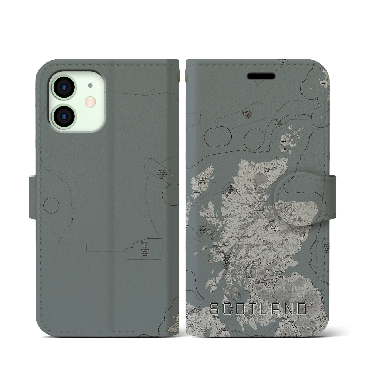 【スコットランド】地図柄iPhoneケース（手帳両面タイプ・モノトーン）iPhone 12 mini 用