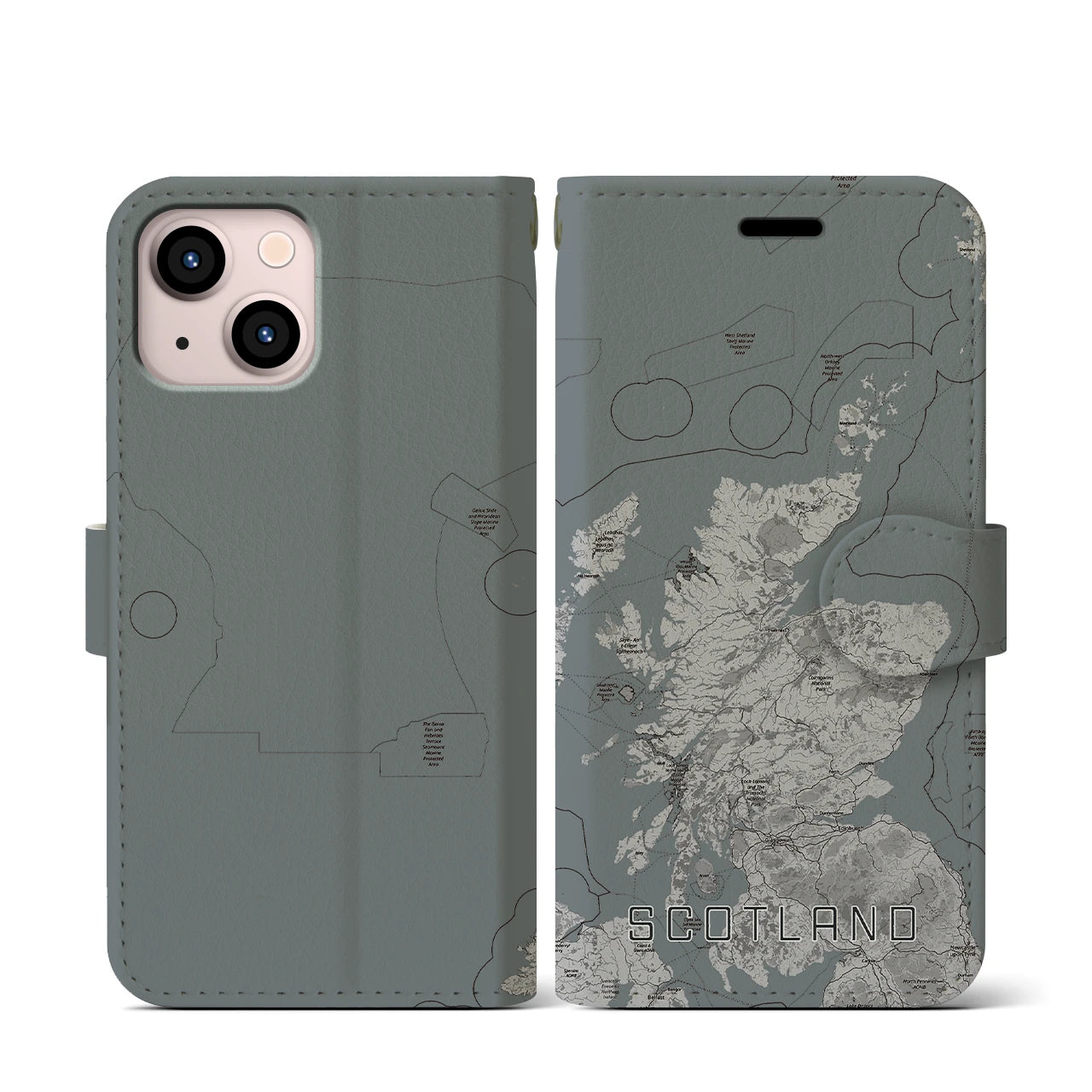 【スコットランド】地図柄iPhoneケース（手帳両面タイプ・モノトーン）iPhone 13 mini 用