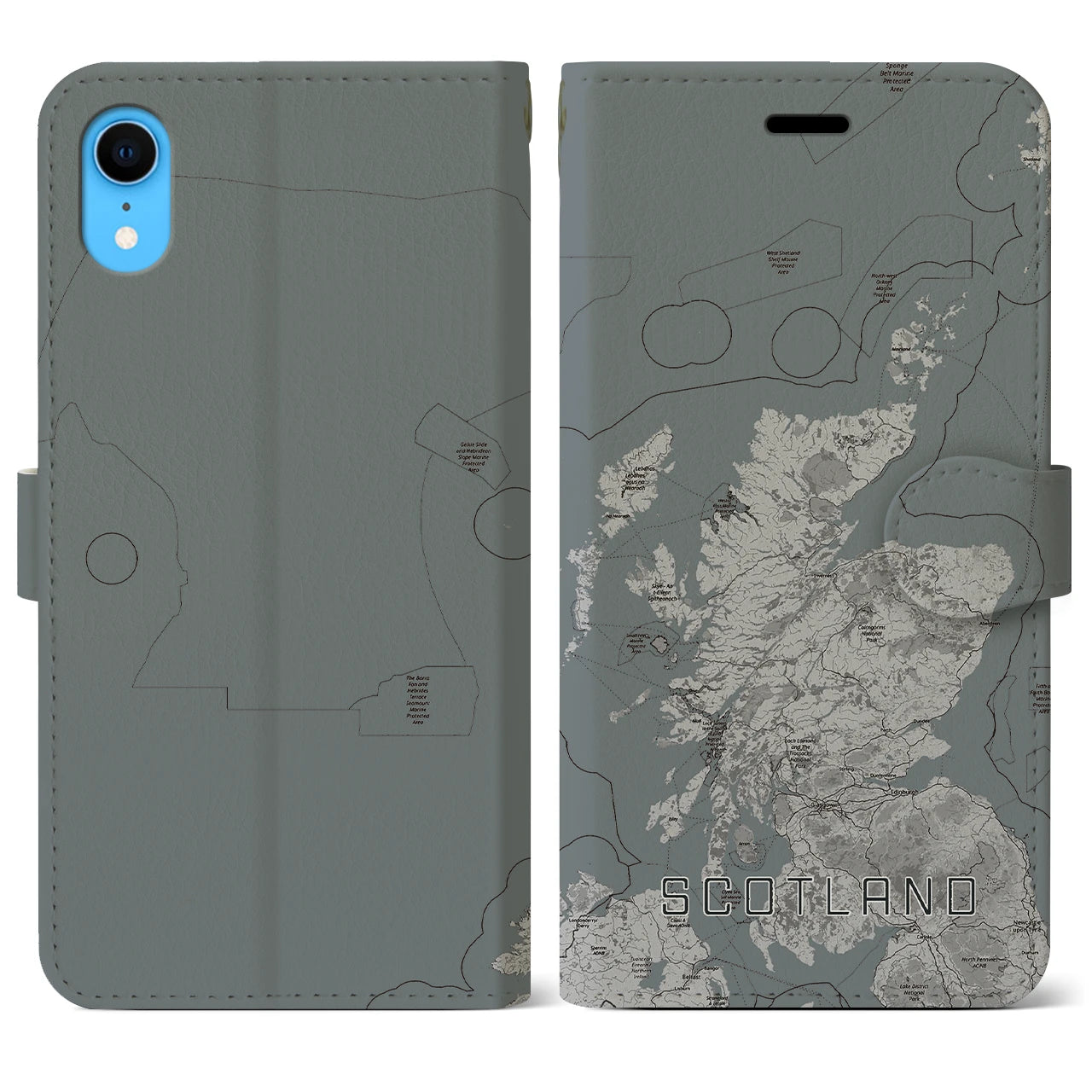【スコットランド】地図柄iPhoneケース（手帳両面タイプ・モノトーン）iPhone XR 用