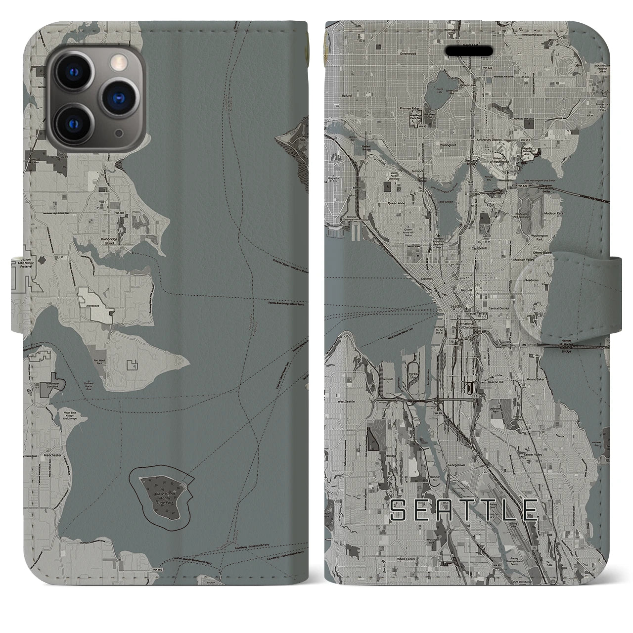 【シアトル】地図柄iPhoneケース（手帳両面タイプ・モノトーン）iPhone 11 Pro Max 用