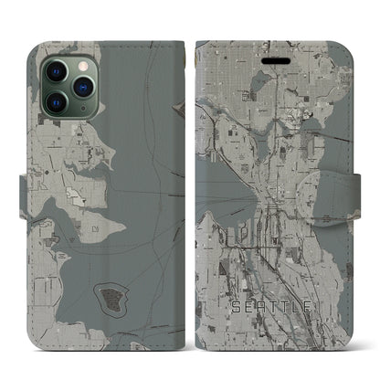 【シアトル（アメリカ）】地図柄iPhoneケース（手帳タイプ）モノトーン・iPhone 11 Pro 用