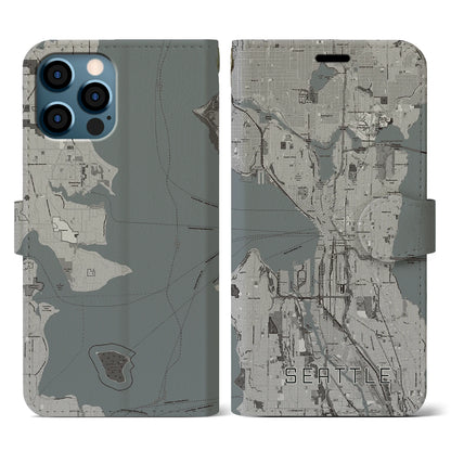 【シアトル（アメリカ）】地図柄iPhoneケース（手帳タイプ）モノトーン・iPhone 12 / 12 Pro 用