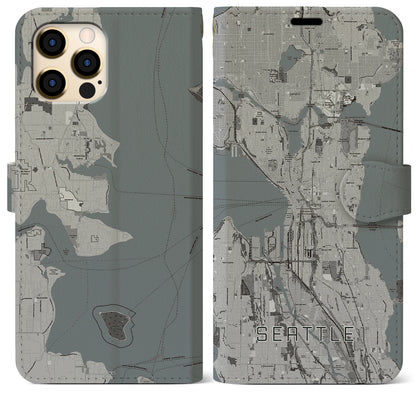 【シアトル（アメリカ）】地図柄iPhoneケース（手帳タイプ）モノトーン・iPhone 12 Pro Max 用