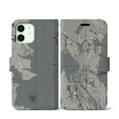 【シアトル（アメリカ）】地図柄iPhoneケース（手帳タイプ）モノトーン・iPhone 12 mini 用