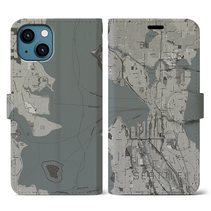 【シアトル（アメリカ）】地図柄iPhoneケース（手帳タイプ）モノトーン・iPhone 13 用