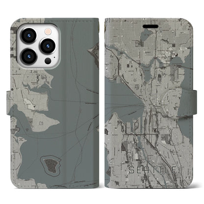 【シアトル（アメリカ）】地図柄iPhoneケース（手帳タイプ）モノトーン・iPhone 13 Pro 用
