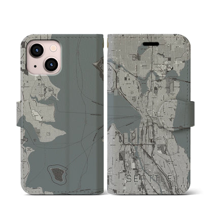 【シアトル（アメリカ）】地図柄iPhoneケース（手帳タイプ）モノトーン・iPhone 13 mini 用