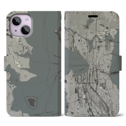 【シアトル（アメリカ）】地図柄iPhoneケース（手帳タイプ）モノトーン・iPhone 14 用