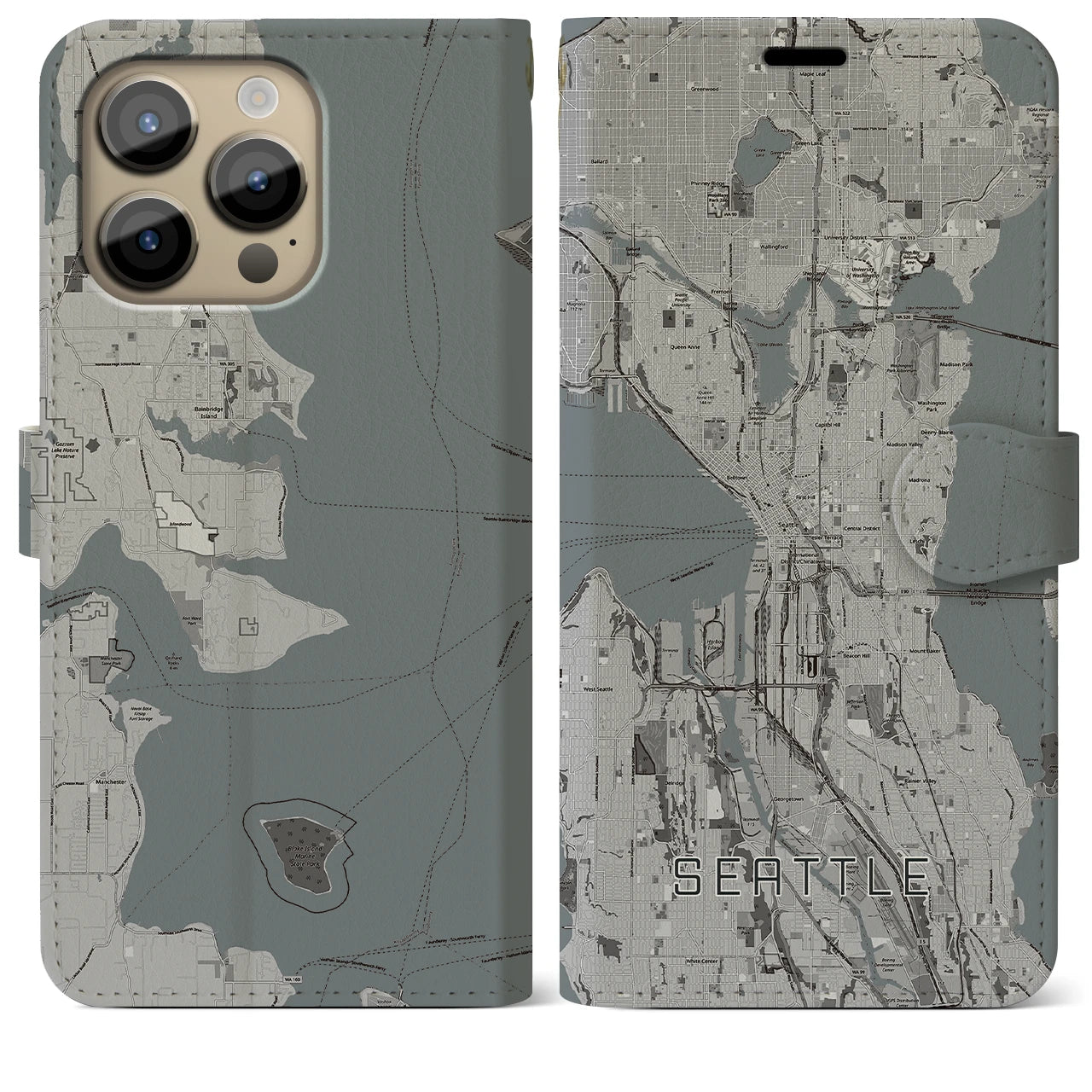 【シアトル】地図柄iPhoneケース（手帳両面タイプ・モノトーン）iPhone 14 Pro Max 用
