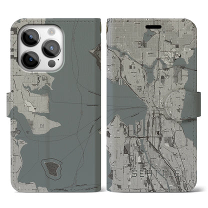 【シアトル（アメリカ）】地図柄iPhoneケース（手帳タイプ）モノトーン・iPhone 14 Pro 用