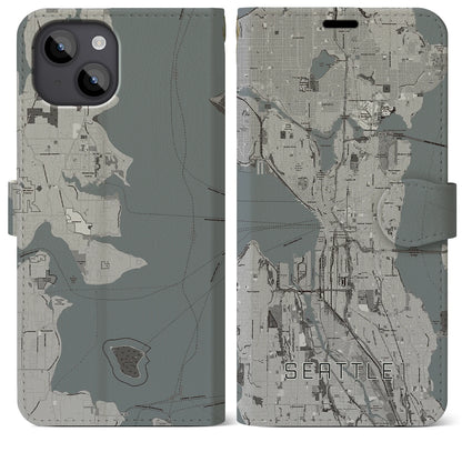 【シアトル（アメリカ）】地図柄iPhoneケース（手帳タイプ）モノトーン・iPhone 14 Plus 用