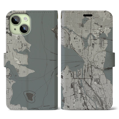【シアトル（アメリカ）】地図柄iPhoneケース（手帳タイプ）モノトーン・iPhone 15 用