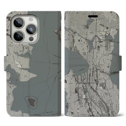 【シアトル（アメリカ）】地図柄iPhoneケース（手帳タイプ）モノトーン・iPhone 15 Pro 用