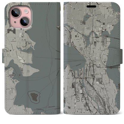 【シアトル（アメリカ）】地図柄iPhoneケース（手帳タイプ）モノトーン・iPhone 15 Plus 用
