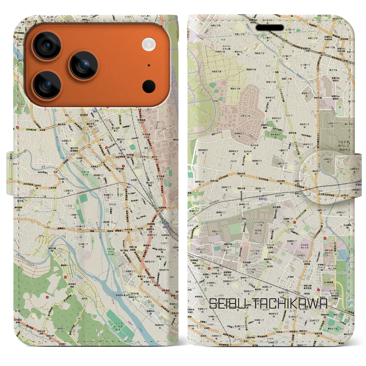 【西武立川（東京都）】地図柄iPhoneケース（手帳タイプ）モノトーン・iPhone 17 Pro Max 用