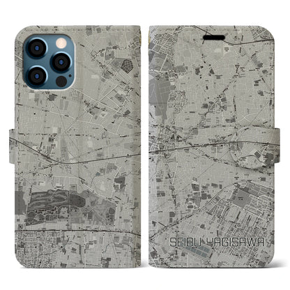 【西武柳沢（東京都）】地図柄iPhoneケース（手帳タイプ）モノトーン・iPhone 12 / 12 Pro 用