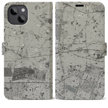 【西武柳沢（東京都）】地図柄iPhoneケース（手帳タイプ）モノトーン・iPhone 14 Plus 用