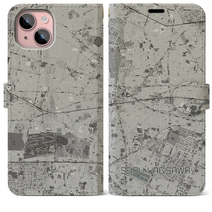 【西武柳沢（東京都）】地図柄iPhoneケース（手帳タイプ）モノトーン・iPhone 15 Plus 用