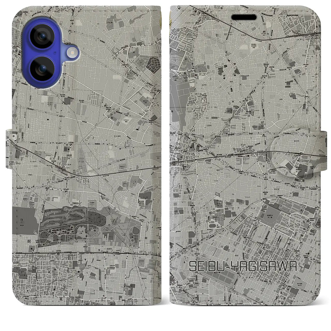 【西武柳沢(東京都)】地図柄iPhoneケース(手帳タイプ)モノトーン・iPhone 16 Pro Max 用