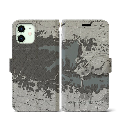 【西武球場前（埼玉県）】地図柄iPhoneケース（手帳タイプ）モノトーン・iPhone 12 mini 用