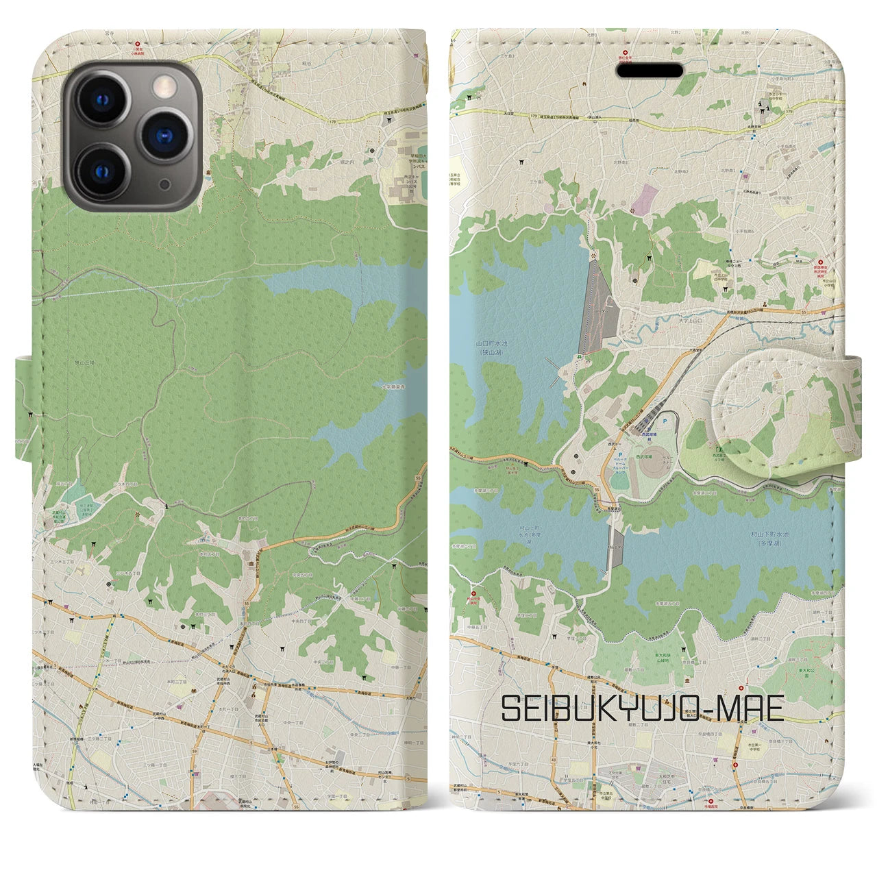 【西武球場前】地図柄iPhoneケース（手帳両面タイプ・ナチュラル）iPhone 11 Pro Max 用