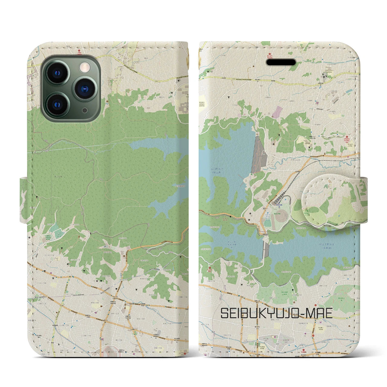【西武球場前】地図柄iPhoneケース（手帳両面タイプ・ナチュラル）iPhone 11 Pro 用