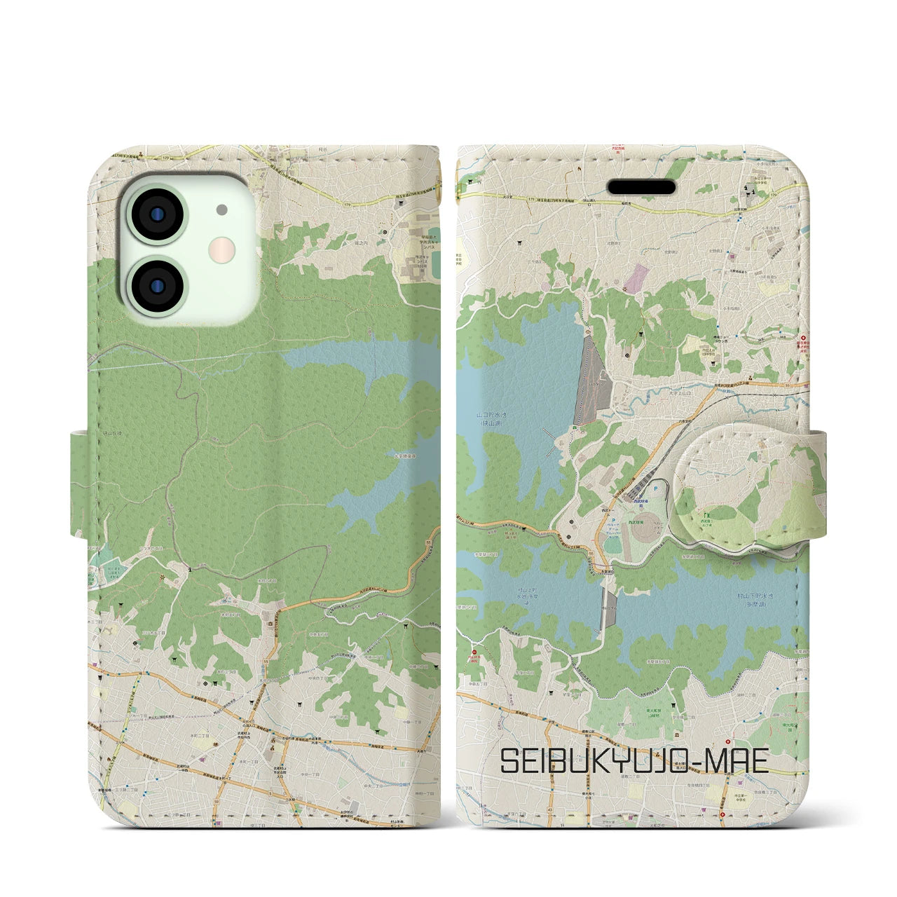 【西武球場前】地図柄iPhoneケース（手帳両面タイプ・ナチュラル）iPhone 12 mini 用