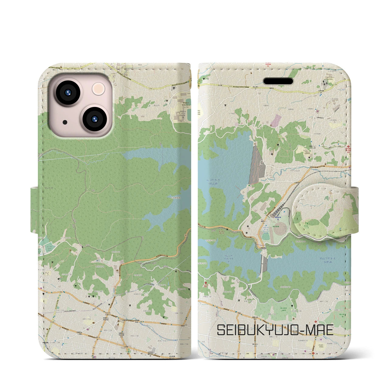 【西武球場前】地図柄iPhoneケース（手帳両面タイプ・ナチュラル）iPhone 13 mini 用