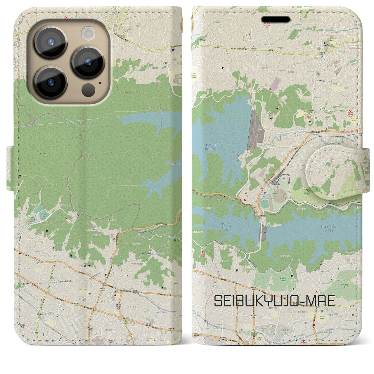 【西武球場前】地図柄iPhoneケース（手帳両面タイプ・ナチュラル）iPhone 14 Pro Max 用