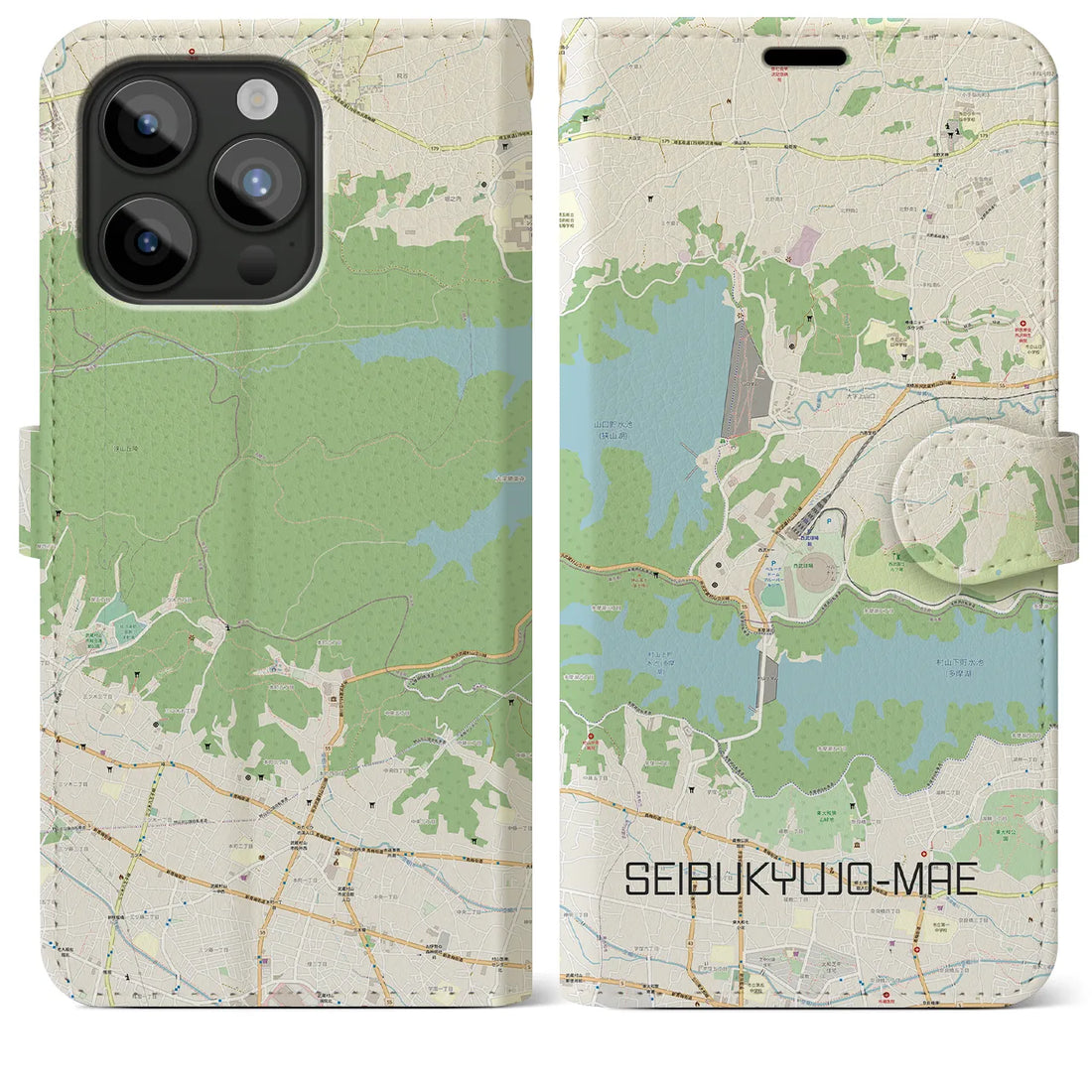【西武球場前】地図柄iPhoneケース（手帳両面タイプ・ナチュラル）iPhone 15 Pro Max 用