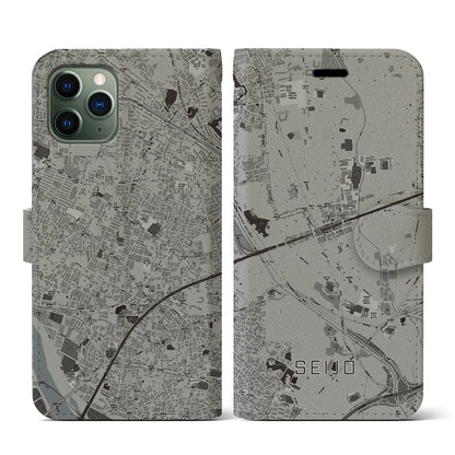 【成城（東京都）】地図柄iPhoneケース（手帳タイプ）モノトーン・iPhone 11 Pro 用