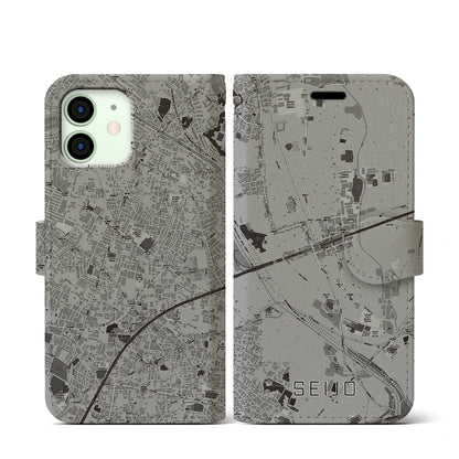 【成城（東京都）】地図柄iPhoneケース（手帳タイプ）モノトーン・iPhone 12 mini 用