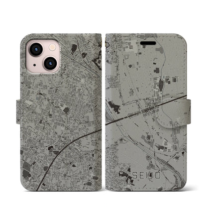 【成城（東京都）】地図柄iPhoneケース（手帳タイプ）モノトーン・iPhone 13 mini 用