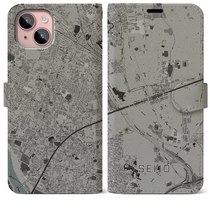 【成城（東京都）】地図柄iPhoneケース（手帳タイプ）モノトーン・iPhone 15 Plus 用