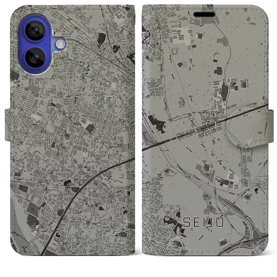 【成城(東京都)】地図柄iPhoneケース(手帳タイプ)モノトーン・iPhone 16 Pro Max 用