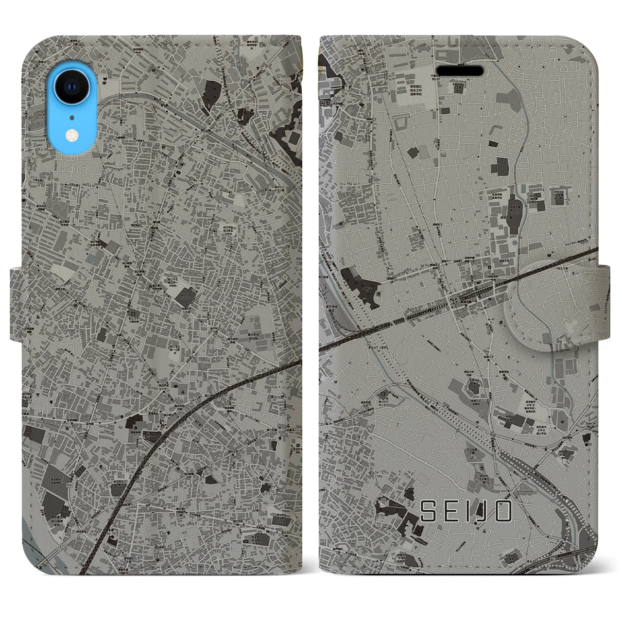 【成城】地図柄iPhoneケース（手帳両面タイプ・モノトーン）iPhone XR 用