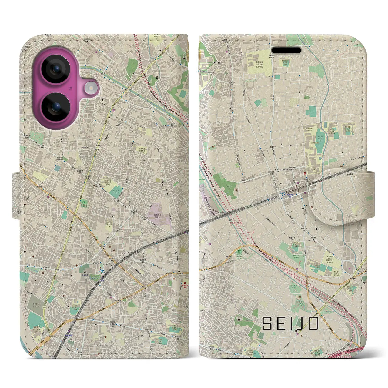 【成城（東京都）】地図柄iPhoneケース（手帳タイプ）ナチュラル・iPhone 16 Pro 用