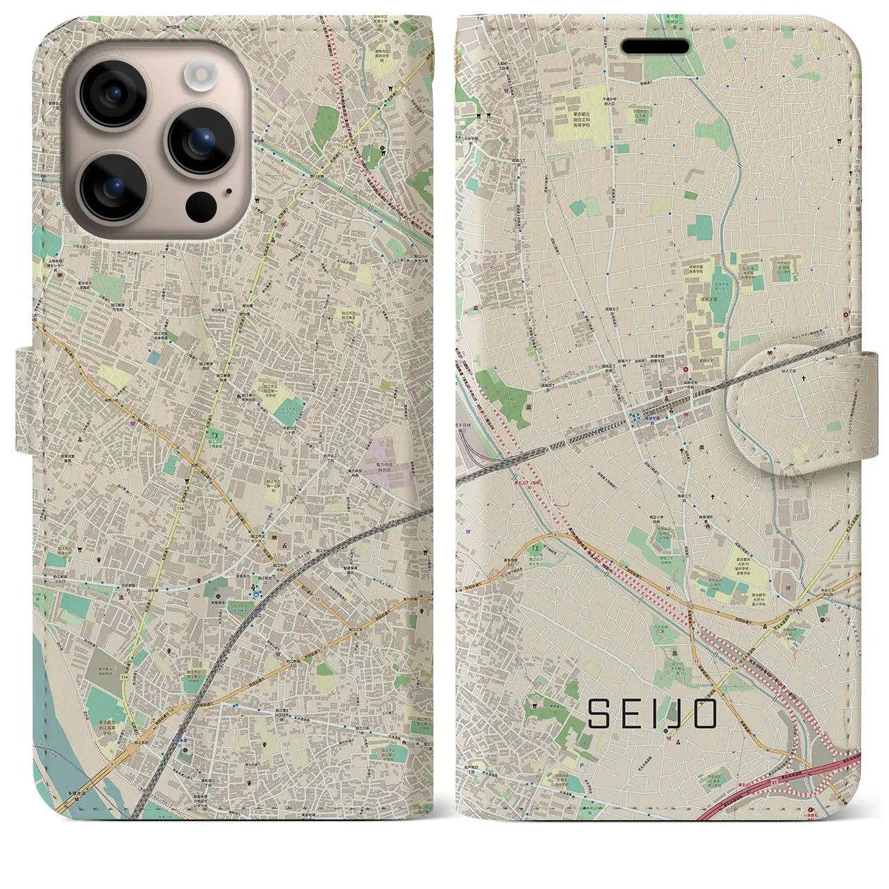 【成城（東京都）】地図柄iPhoneケース（手帳タイプ）ナチュラル・iPhone 16 Plus 用