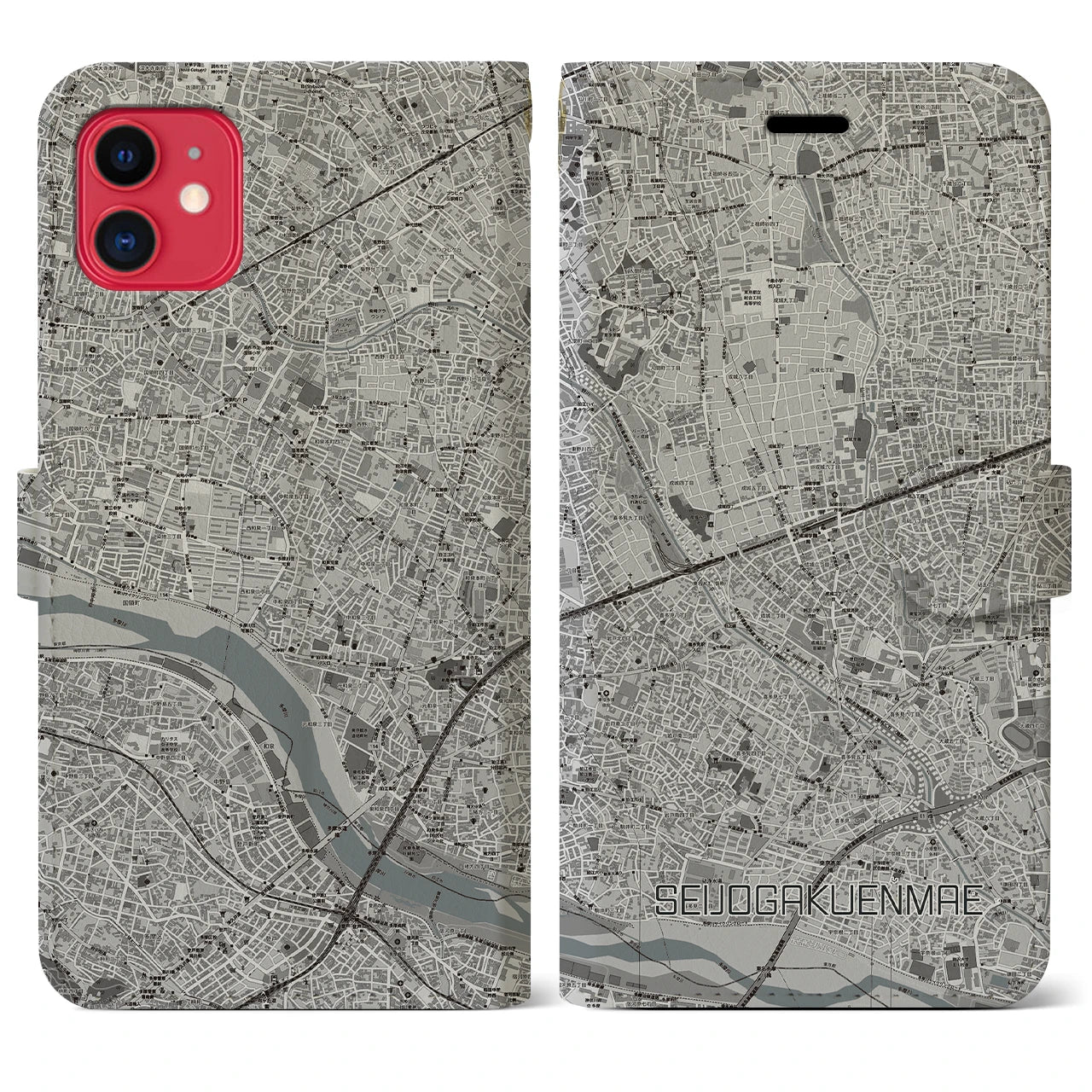【成城学園前】地図柄iPhoneケース（手帳両面タイプ・モノトーン）iPhone 11 用