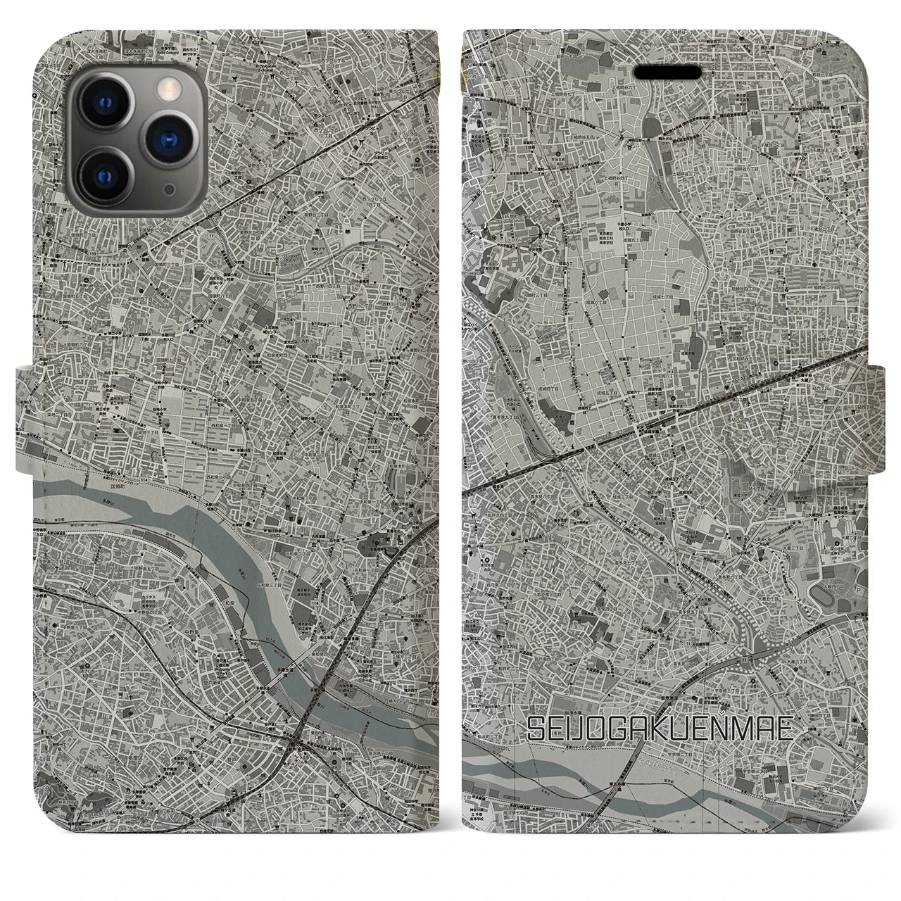 【成城学園前】地図柄iPhoneケース（手帳両面タイプ・モノトーン）iPhone 11 Pro Max 用