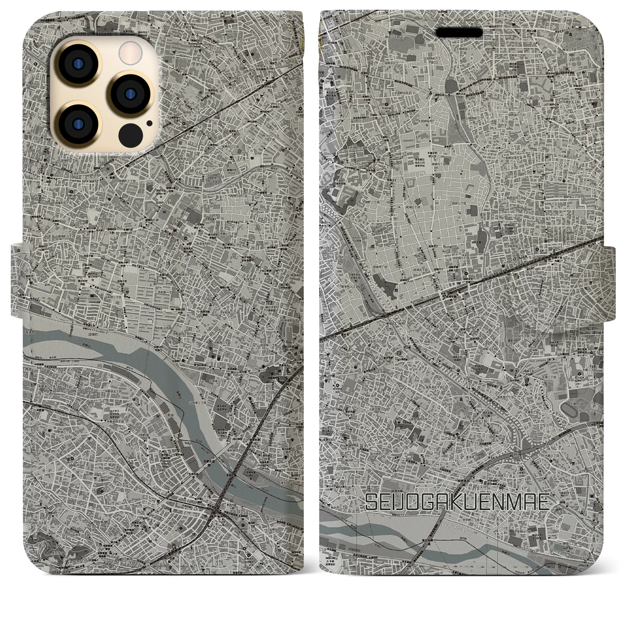 【成城学園前】地図柄iPhoneケース（手帳両面タイプ・モノトーン）iPhone 12 Pro Max 用