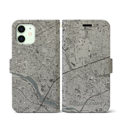 【成城学園前（東京都）】地図柄iPhoneケース（手帳タイプ）モノトーン・iPhone 12 mini 用